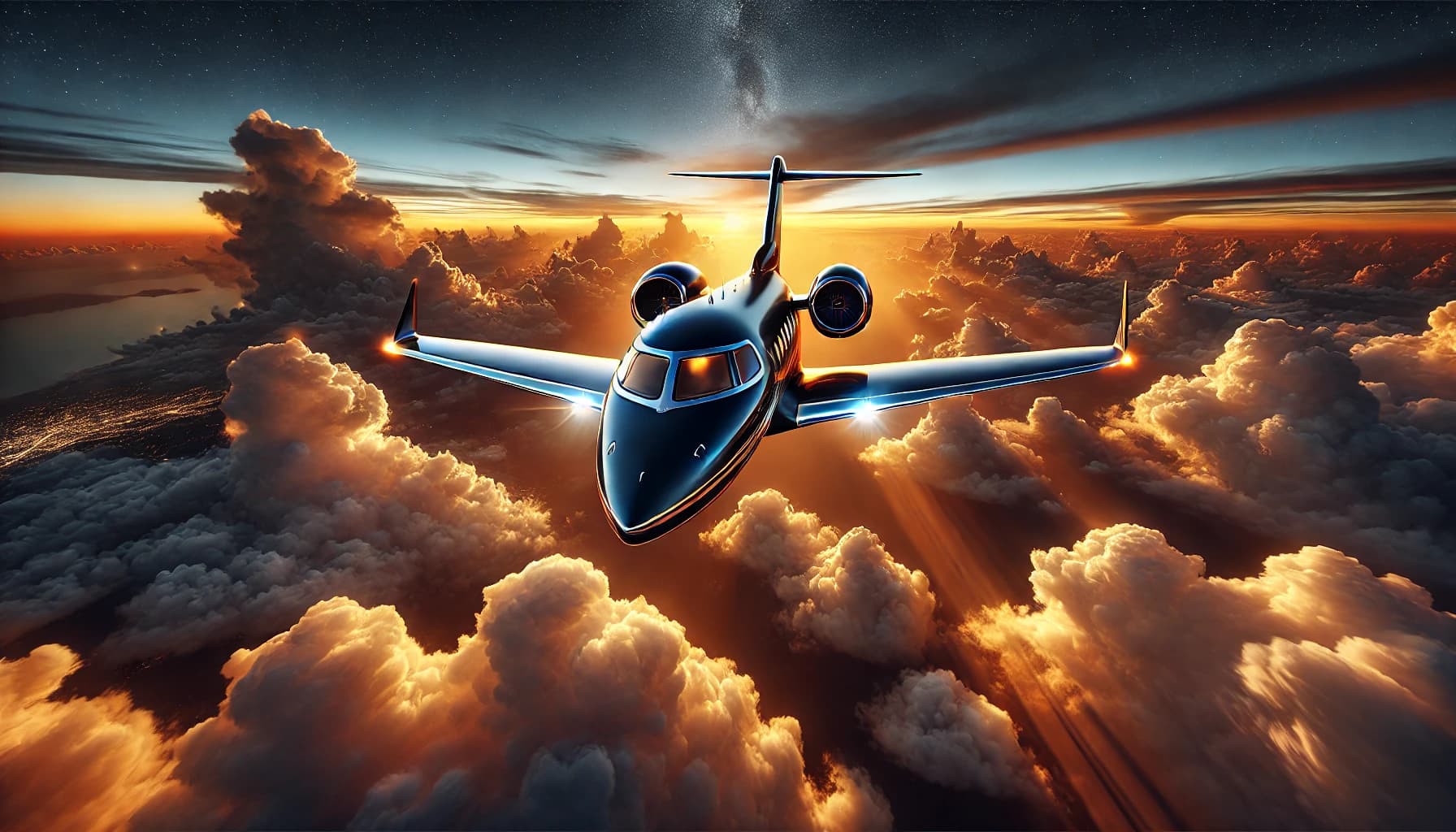 Private jet flying above clouds at sunset